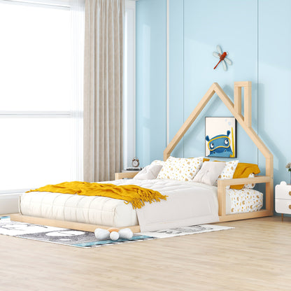 Full Size Wood Floor Bed with House-shaped Headboard, Natural