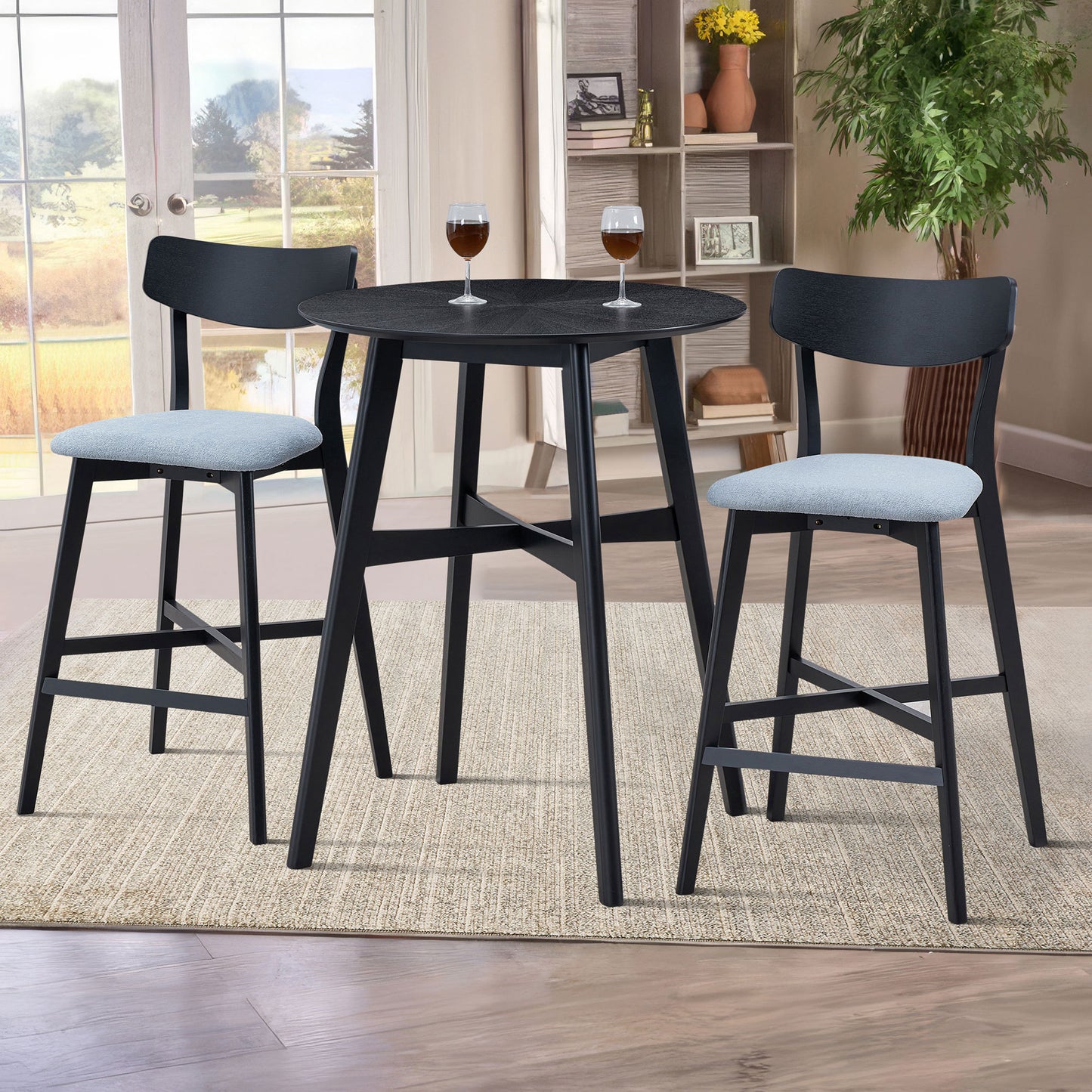 3 Pieces Bar Table Set,Modern Round Counter Height Pub Table, Wooden High Top with Bar Stools Pub Dining Set for Kitchen,Restaurant,Cocktail Bar,Black