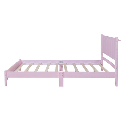 Queen Size Wood Platform Bed Frame, Retro Style  Bed with Rectangular Headboard,No Need Box Spring,Pink