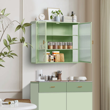 27.56"Glass Doors Modern Two-door Wall Cabinet with Featuring Three-tier Storage for Entryway Living Room Bathroom Dining Room,Mint Green - Groovy Boardz