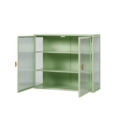 27.56"Glass Doors Modern Two-door Wall Cabinet with Featuring Three-tier Storage for Entryway Living Room Bathroom Dining Room,Mint Green - Groovy Boardz