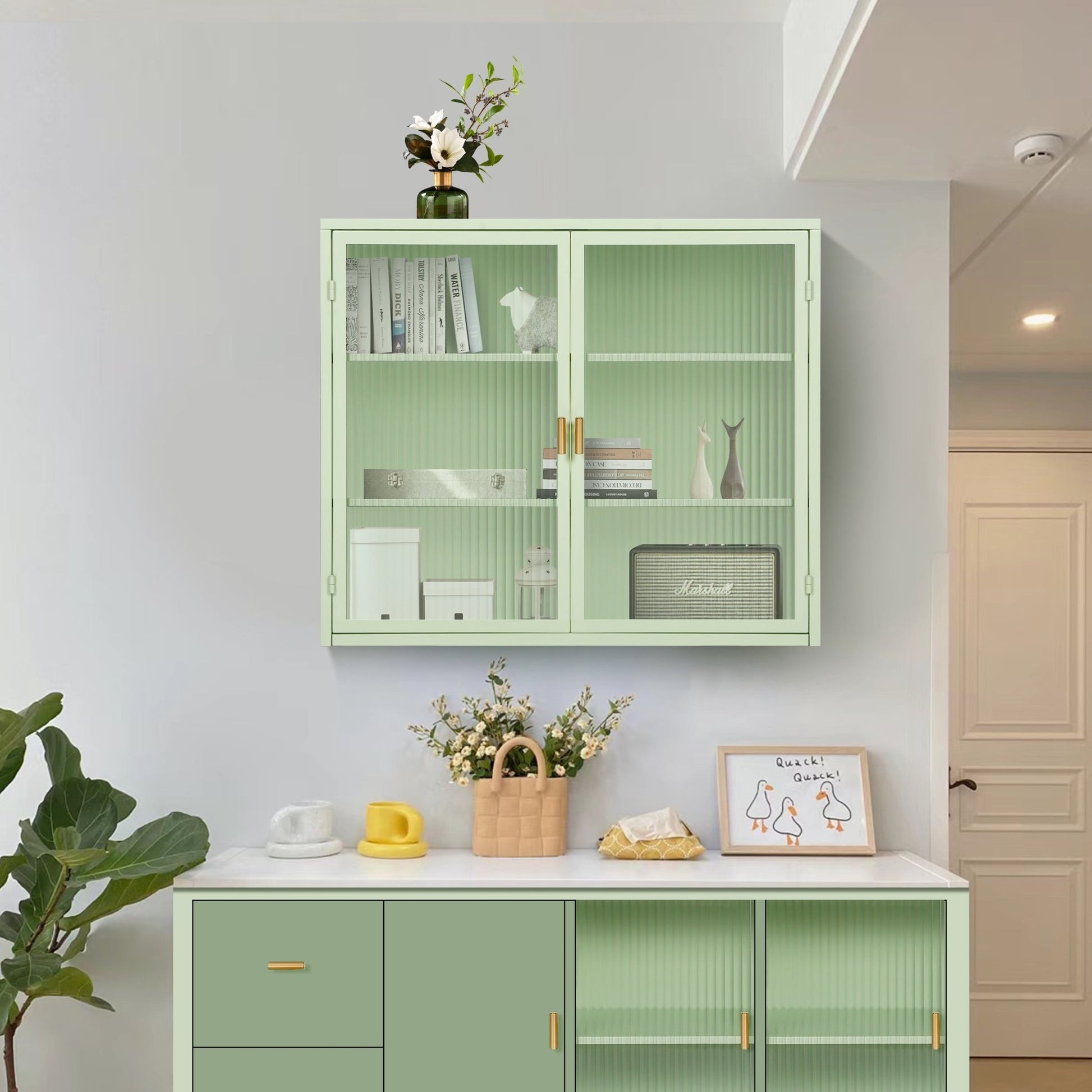 27.56"Glass Doors Modern Two-door Wall Cabinet with Featuring Three-tier Storage for Entryway Living Room Bathroom Dining Room,Mint Green - Groovy Boardz