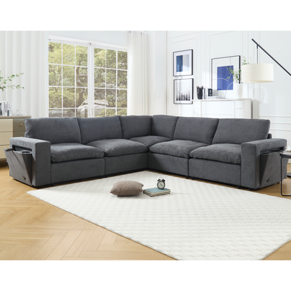 [NEW ARRIVED] [VIDEO PROVIDED]Sectional Couches For Living Room,Modular Couch,Wireless Charging Port & Cup Holders,5-seat ,DIY Combination,L-shaped Sofa,Book Storage Space,Soft Linen Fabric,Gray