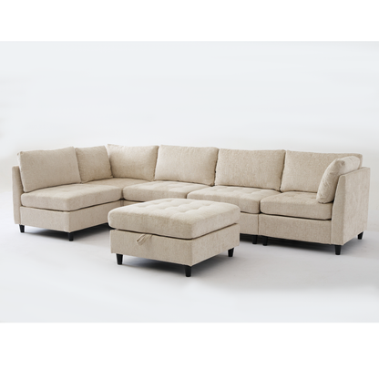 [NEW ARRIVED] [VIDEO PROVIDED]   Modular Sectional Couch with Storage Ottoman, U Shaped Sofa, Storage Ottoman,Minimalist ,Convertible Modular Sofa,Chenille ,Upholstered,6 Seat,Living Room,  Beige