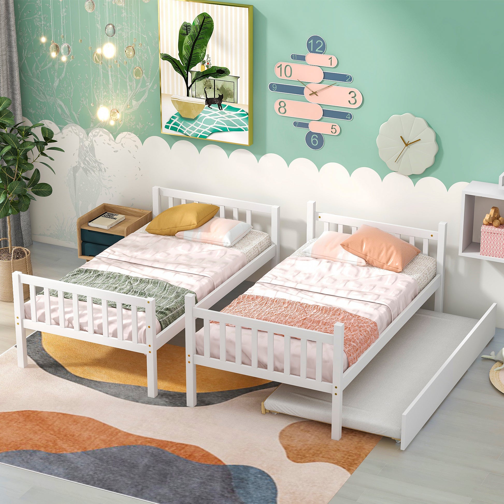 Twin Over Twin Bunk Beds with Trundle, Solid Wood Trundle Bed Frame with Safety Rail and Ladder, Kids/Teens Bedroom, Guest Room Furniture, Can Be converted into 2 Beds, White (Old Sku:W504S00028)