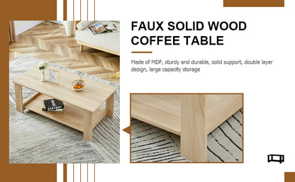 A modern and practical log colored textured coffee table,tea table. The double-layer coffee table is made of MDF material. Suitable for living room 43.3"*21.6"*16.5"