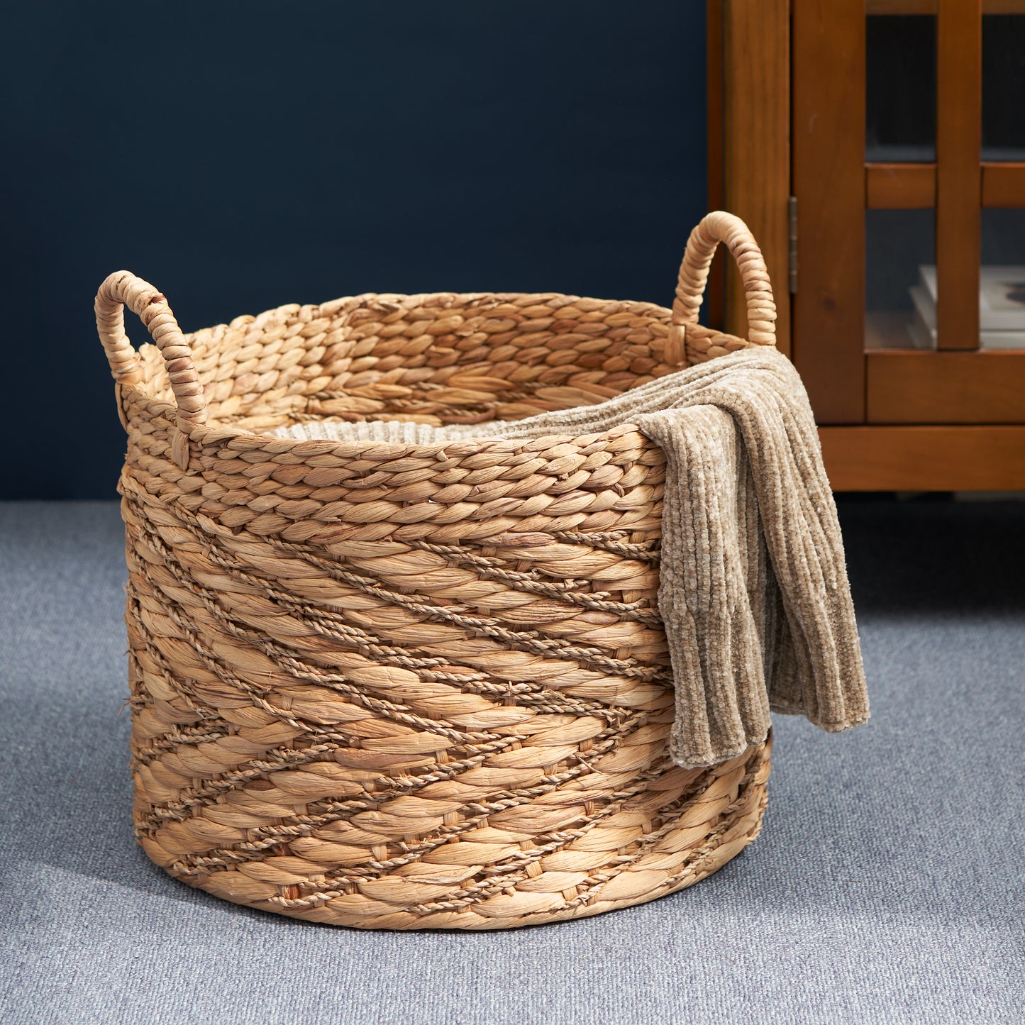 Round Water Hyacinth Seagrass Woven Basket with Handles - 15" x 15" x 15" - Natural Brown - For Clothes, Towels, Canvas, Toys and Magazine Storage and Home Decoration