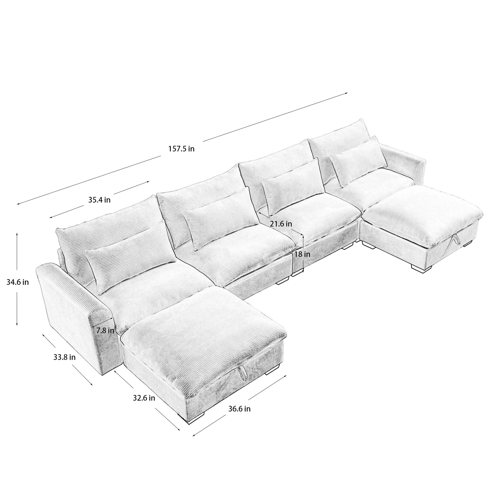 Big Deep Seat U-Shaped Corduroy Sectional Couches for Living Room, 4 Seater Sofa Couch with 2 Storage Footstool and 4 Waist Pillows (Corduroy, Beige)