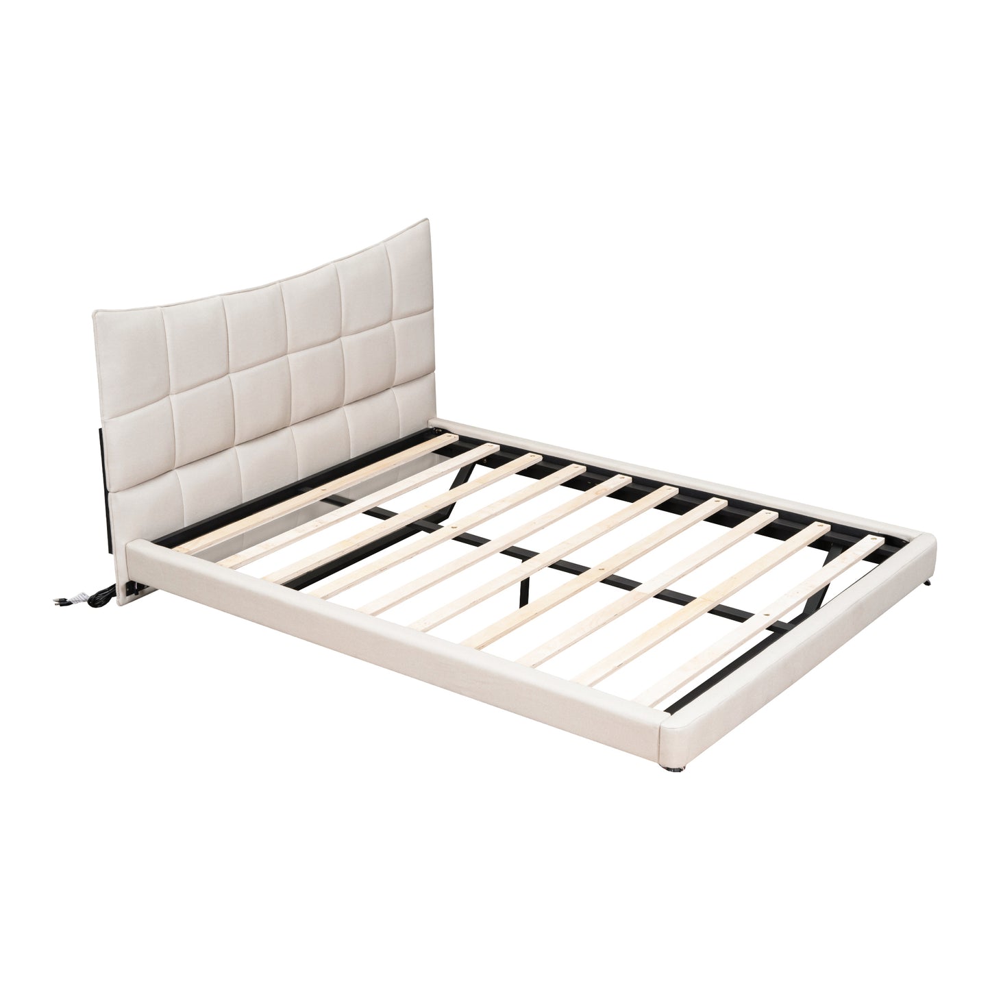 Full Size Upholstered Platform Bed with LED Lights,USB Ports and Outlets,Linen Fabric,Beige