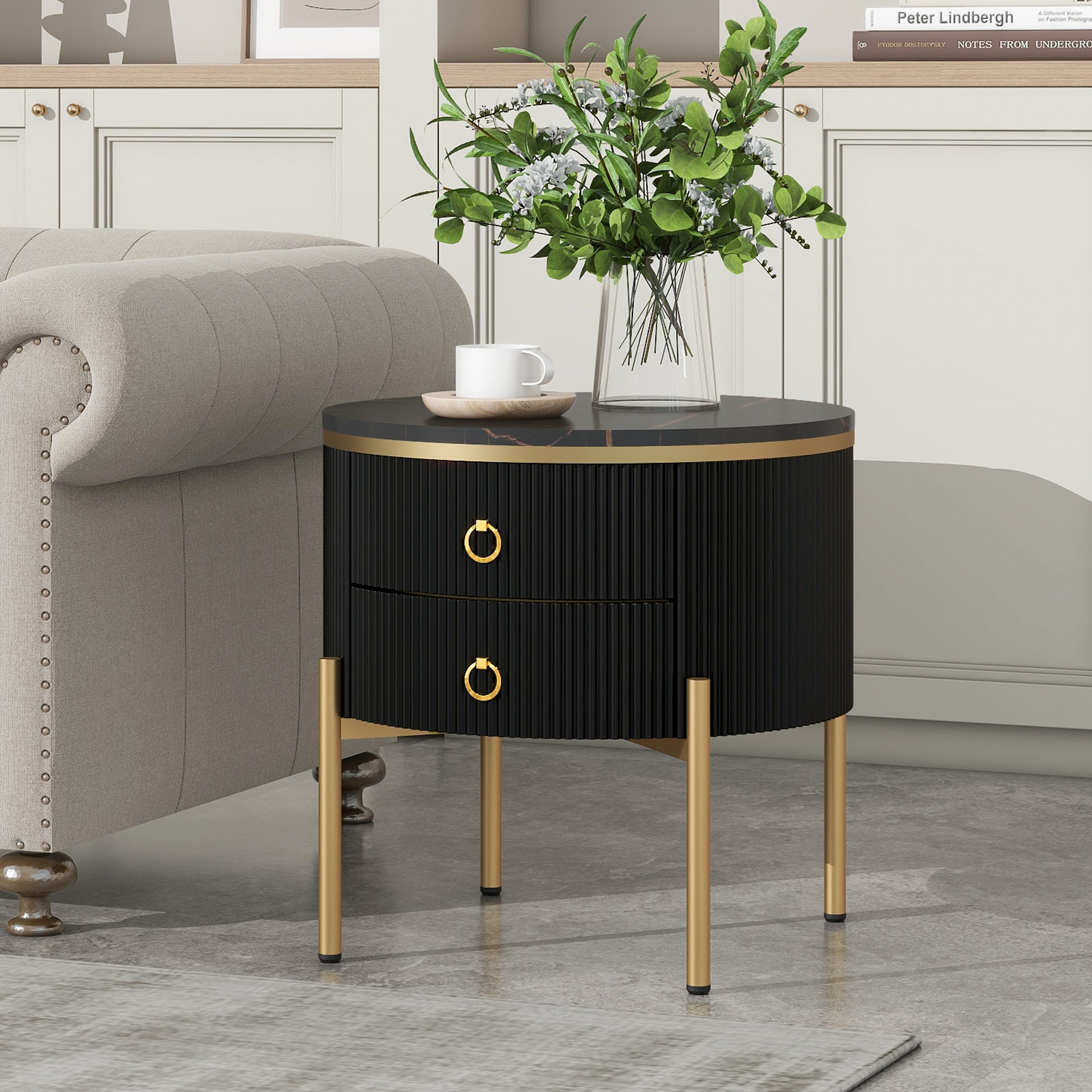 ON-TREND Φ19.6'' Easy Assembly Round End Table with Storage Drawers, Fluted Nightstand with High Gloss Faux Marble Tabletop, Modern Coffee Table with Metal Legs and Handles for Living Room, Black