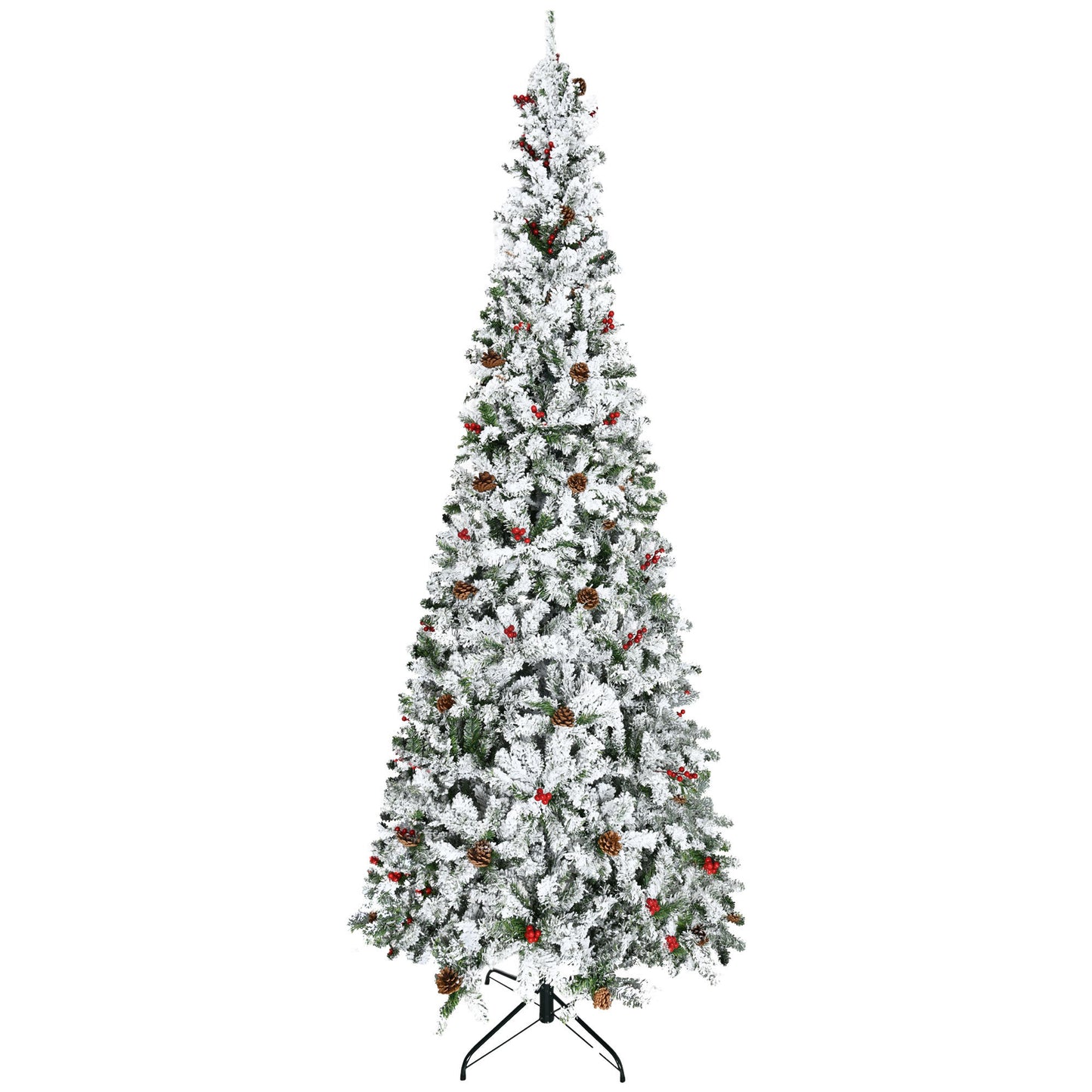 HOMCOM 9 Foot Pencil Snow Flocked Artificial Christmas Tree with Pine Realistic Branches, Pine Cones, Red Berries, Auto Open, Green