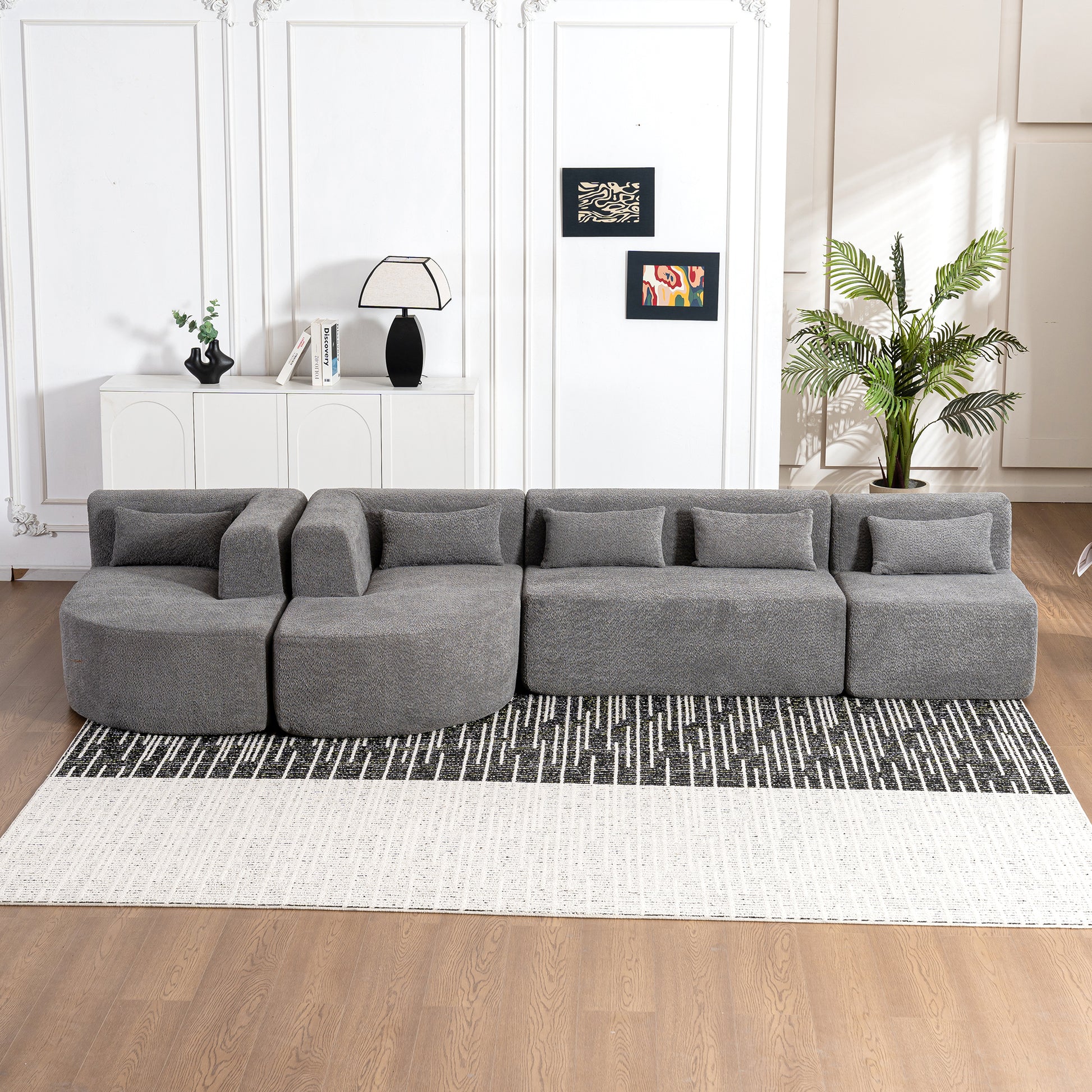 143.7" Upholstered Sofa Free-combined Sofa Couch with Two Chaise Lounge and Five Back Pillows for Living Room, Light Gray