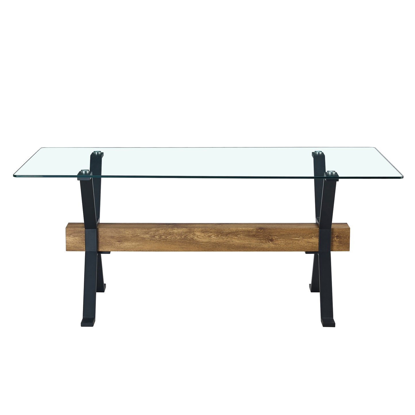 Dining table. Modern tempered glass dining table. Large modern office desk with black metal legs and MDF crossbars, suitable for home and office use. 8 high-end cushioned seats.F-1105  C-1162