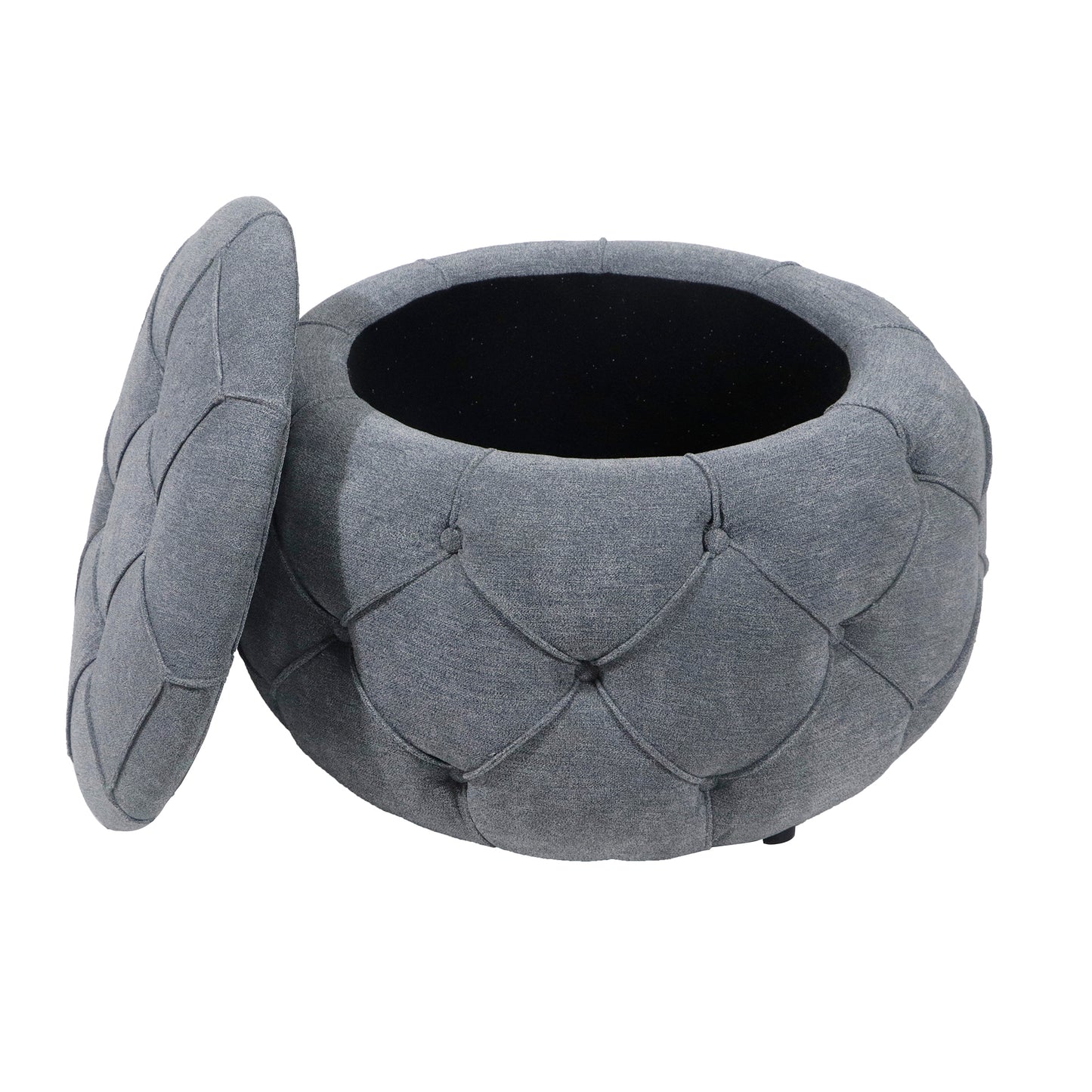 Large Button Tufted Woven Round Storage Ottoman  for Living Room & Bedroom,17.7"H Burlap Grey