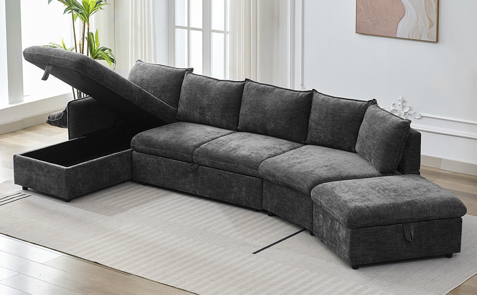 146.9" L-shaped Sofa Sectional Sofa Couch Pull-out Sofa Bed with a Movable Storage Ottoman, a Storage Chaise Lounge and Two USB Ports for Living Room, Grey