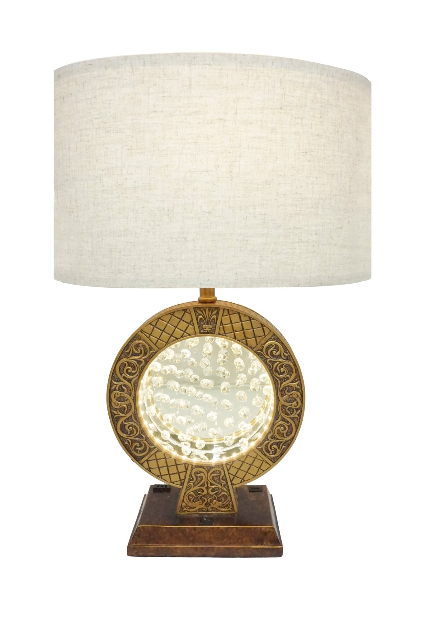 28" Antique polyresin Table Lamp WITH FLOATING CRYSTAL DECOR ON CENTER - Groovy Boardz