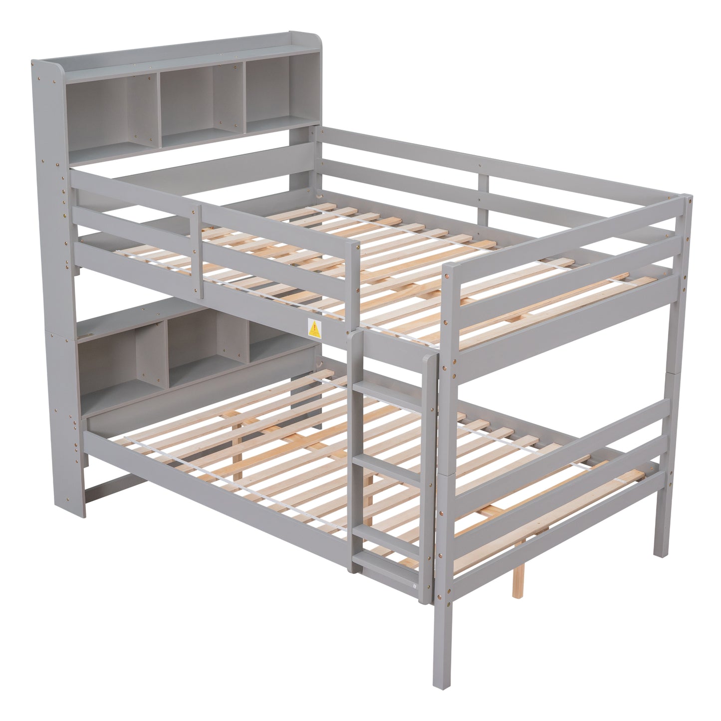 Full Over Full Bunk Beds with Bookcase Headboard, Solid Wood Bed Frame with Safety Rail and Ladder, Kids/Teens Bedroom, Guest Room Furniture, Can Be converted into 2 Beds, Grey