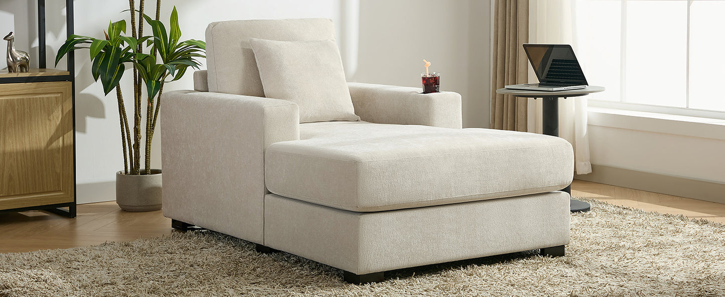 39.7" Oversized Chaise Lounger Modern Style Sofa Couch ,with Pillows, Charge Station & Cup Holders, Chenille Fabric, Cream