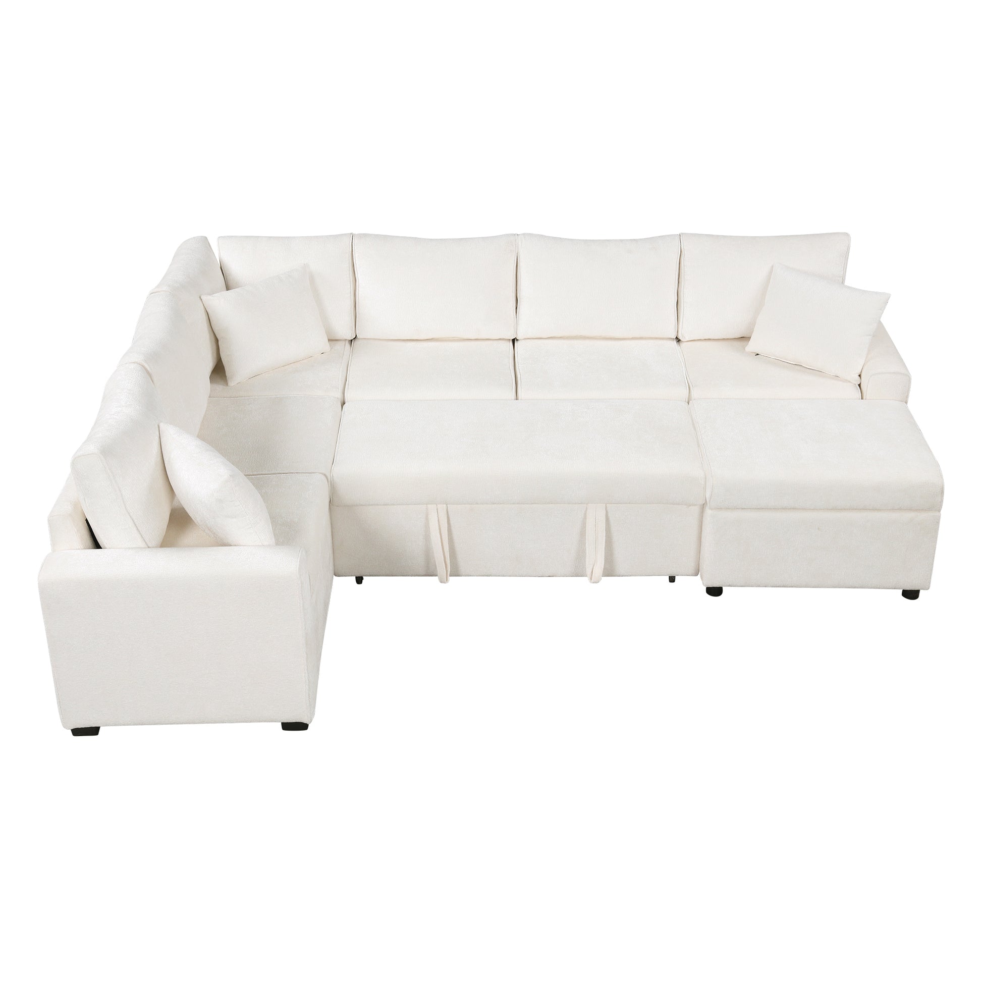 112.2" Sectional Sofa Pull-out Sofa Bed Sleeper with a Storage Ottoman,Three Pillows and Charging Devices for Living Room, Cream