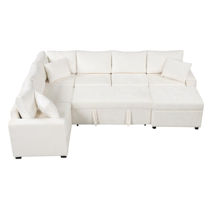 112.2" Sectional Sofa Pull-out Sofa Bed Sleeper with a Storage Ottoman,Three Pillows and Charging Devices for Living Room, Cream