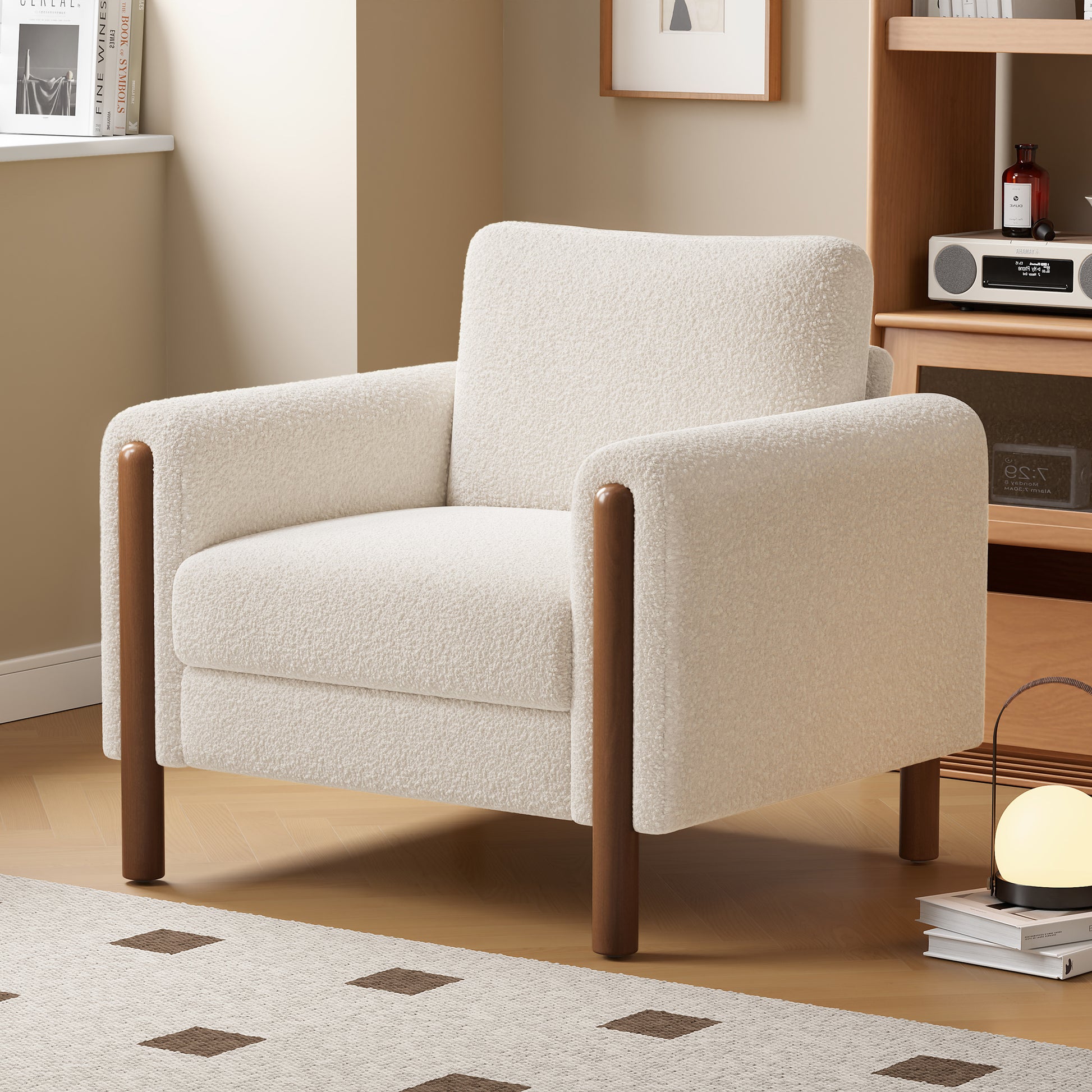 Oversized Accent Chair, Upholstered Living Room Chairs Single Sofa Chair with Walnut Legs, Curved handrail, White