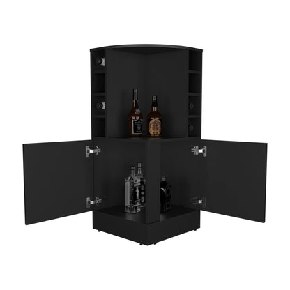 Jakes 42" Tall Corner Bar Cabinet with Eight Wine Bottle Cubbies and Double Door cabinet, Living Room, Liquor Cabinet, Storage Cabinet Black Wengue