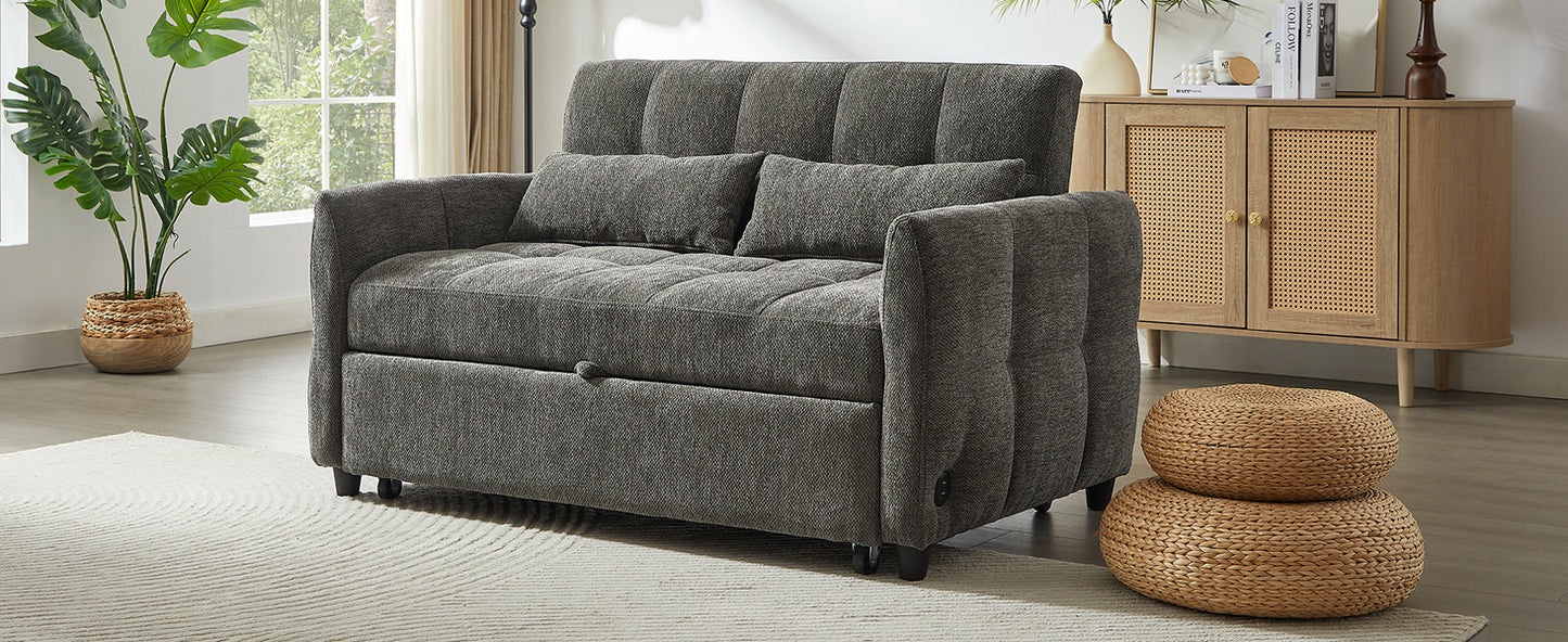 52.8" Loveseat Sofa Pull-out Sofa Bed Tufted Sleeper Sofa with an Adjustable Backrest, Three USB Ports and Two Lumbar Pillows for Living Room, Grey