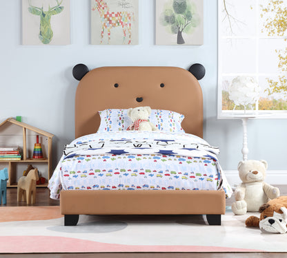 Upholstered Twin Size Platform Bed for Kids, with Slatted Bed Base, No Box Spring Needed, Brown color, Bear Design