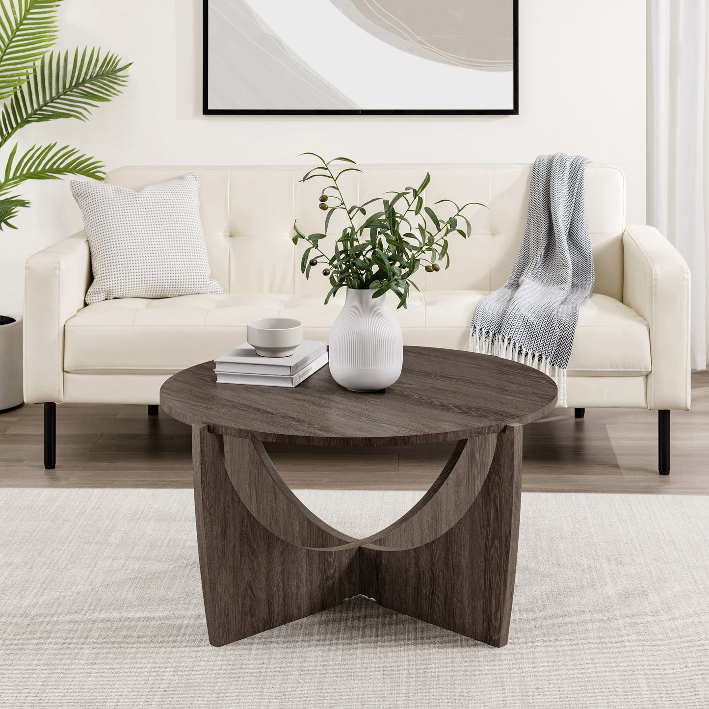 Contemporary Open Arch-Base Round Coffee Table – Cerused Ash