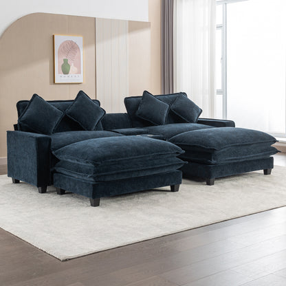 112.6" Sectional Sofa Chenille Upholstered Sofa with Two Removable Ottoman, Two USB Ports, Two Cup Holders and Large Storage Box for Living Room, Blue