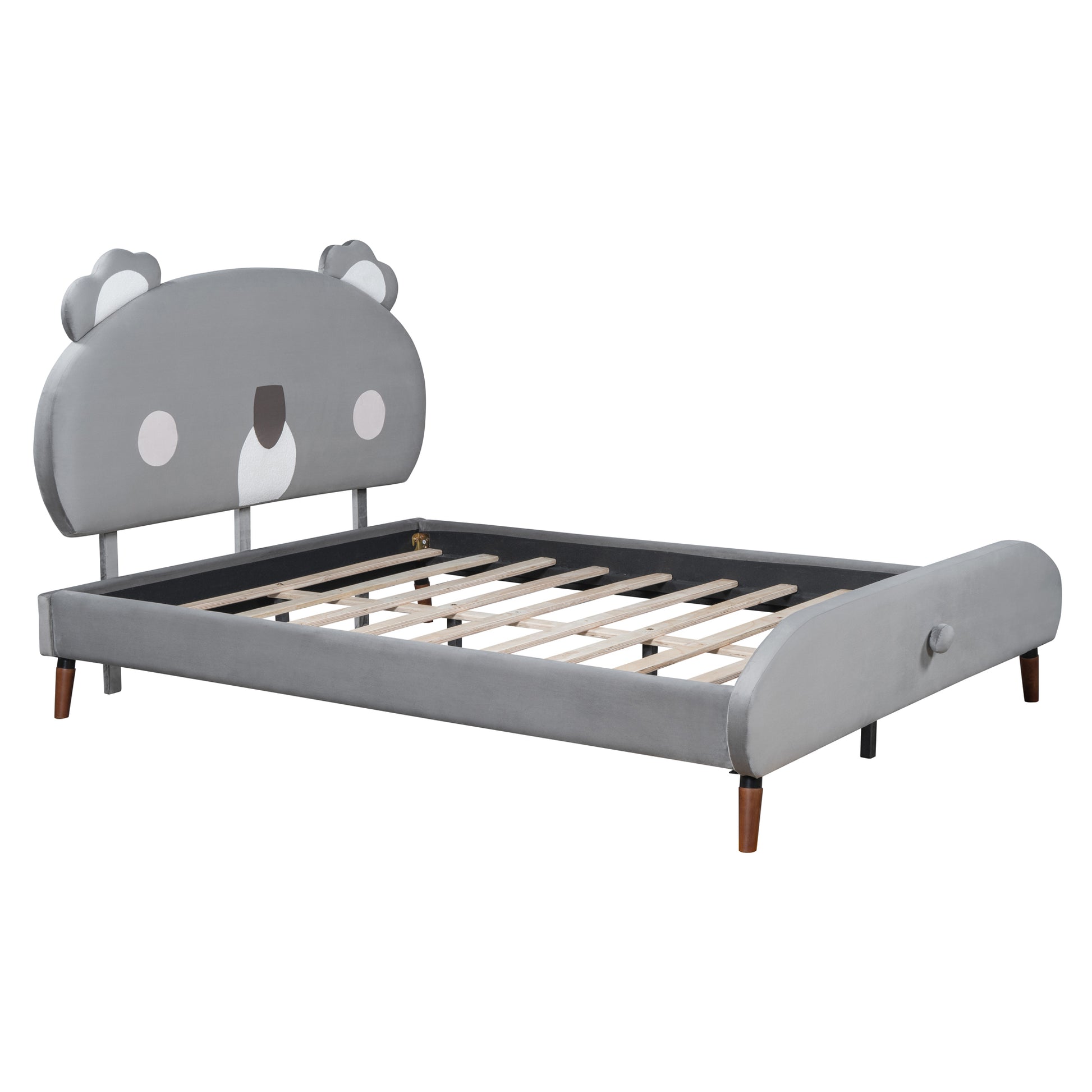 Full Size Upholstered Platform Bed with Koala-Shaped Headboard, Gray