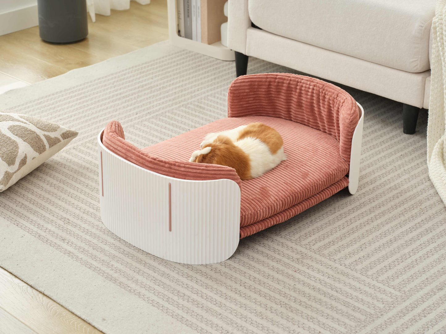 Scandinavian style Cat Couch Bed, Pet Sofa for Indoor Cats PP Indoor Pet Furniture Elevated Cat Beds with Removable Mattress Cover Suitable for Kitty, Puppy or Small Animal  Brand Design  White Pink