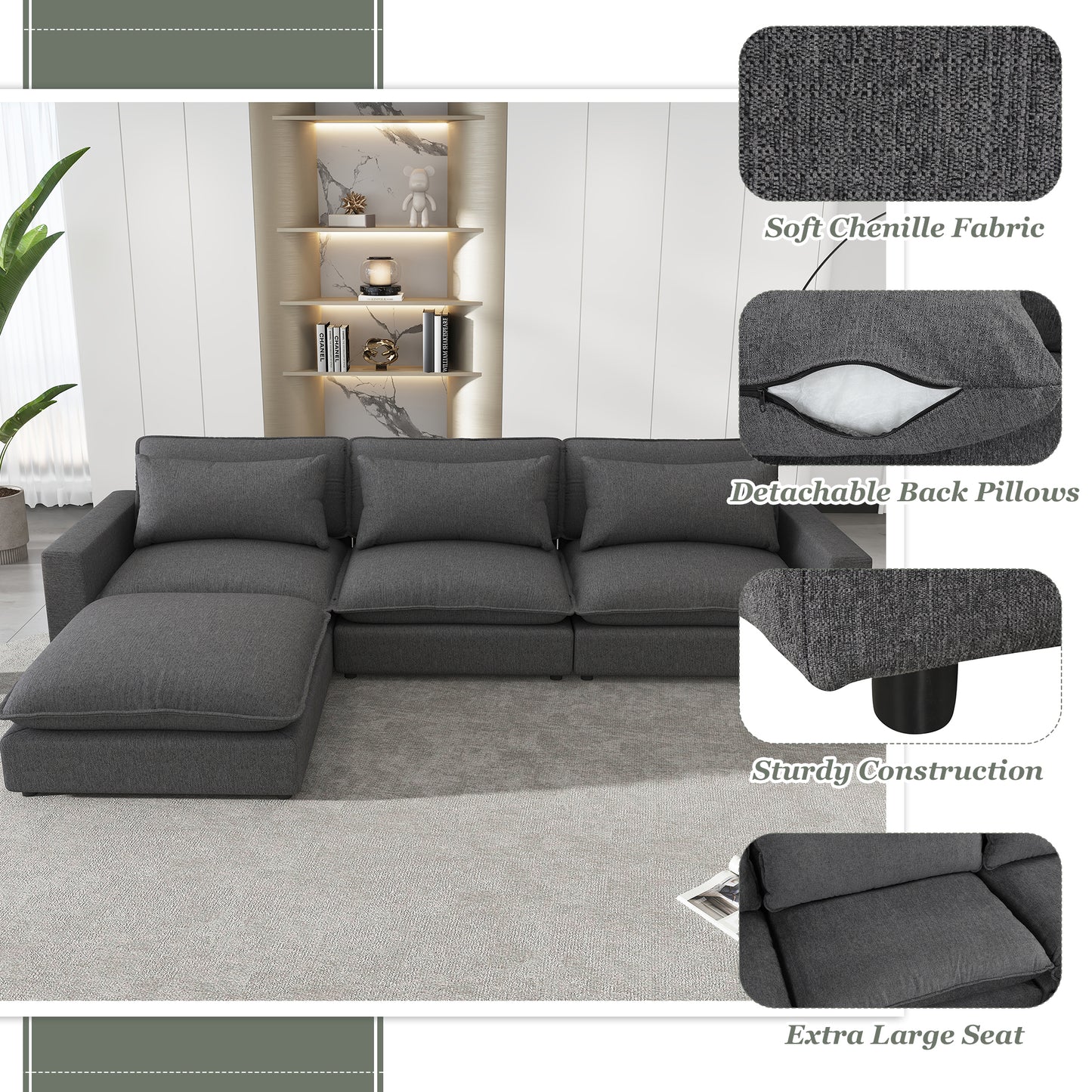 128" Sectional Sofa Cloud Sofa Chenille Upholstered Sofa  Couch with Movable Ottoman, Comfortable Seat Cushions, Charging Ports and Three Back Pillows for Living Room, Grey