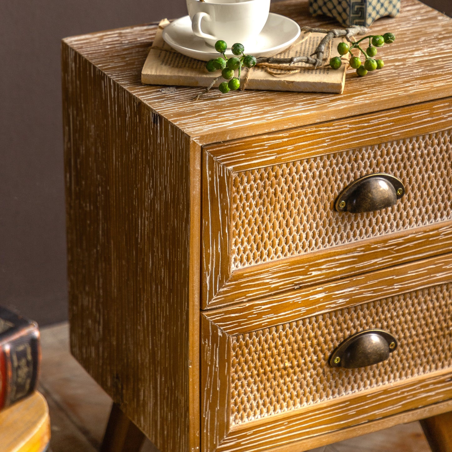 Rattan Side Table Nightstands, Farmhouse End Table with 2 Storage Rattan Drawers, Solid Bedside Tables for Bedroom Living Room Apartment