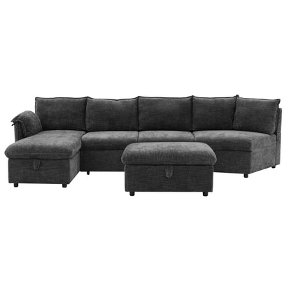 146.9" L-shaped Sofa Sectional Sofa Couch Pull-out Sofa Bed with a Movable Storage Ottoman, a Storage Chaise Lounge and Two USB Ports for Living Room, Grey