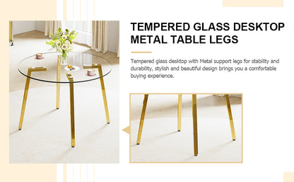 Table and chair set.Modern Luxurious Round Tempered Glass Dining Table Set-40*40 inch with 6 Black PU Chairs.C-tube Gold Metal Chair Legs.Bring a comfortable home experience to the kitchen, bedroom.