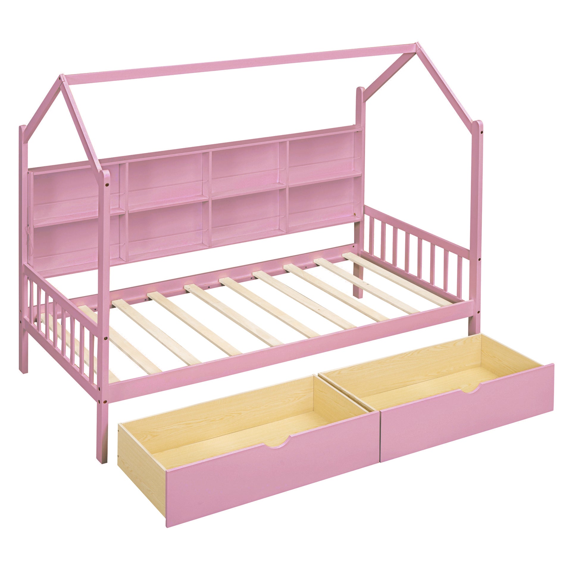 Wooden Twin Size House Bed with 2 Drawers,Kids Bed with Storage Shelf, Pink