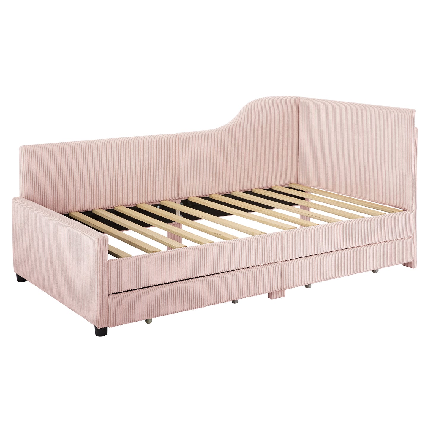 Twin Size L-Shaped Corduroy Daybed,Upholstered Bed Frame with 2 Storage Drawers,Pink