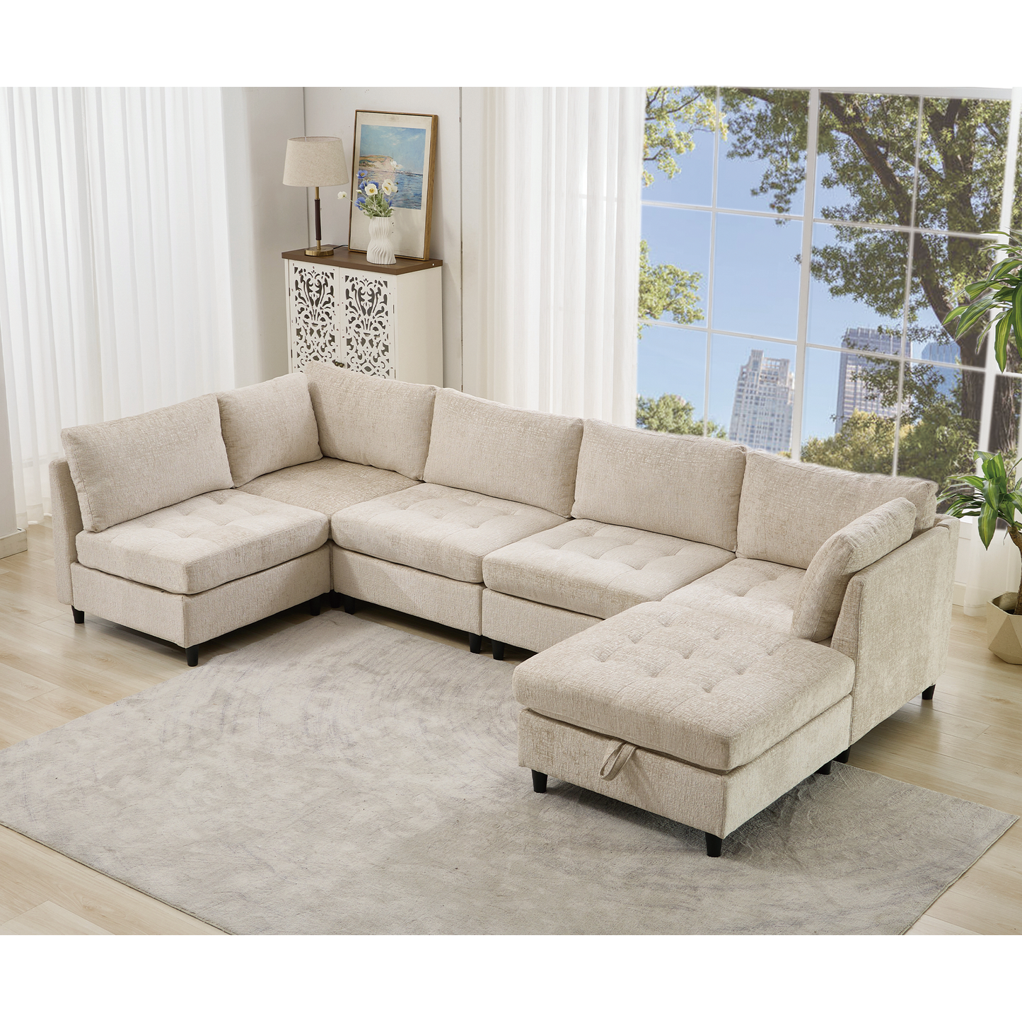 [NEW ARRIVED] [VIDEO PROVIDED]   Modular Sectional Couch with Storage Ottoman, U Shaped Sofa, Storage Ottoman,Minimalist ,Convertible Modular Sofa,Chenille ,Upholstered,6 Seat,Living Room,  Beige