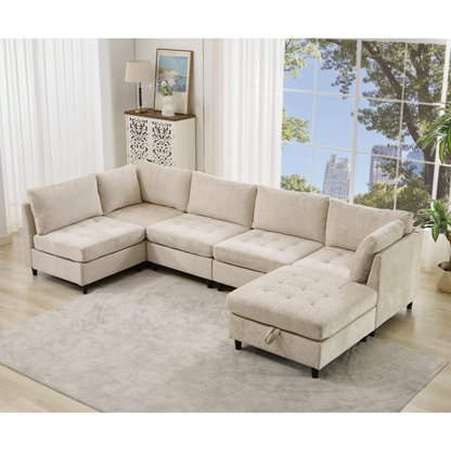 [NEW ARRIVED] [VIDEO PROVIDED]   Modular Sectional Couch with Storage Ottoman, U Shaped Sofa, Storage Ottoman,Minimalist ,Convertible Modular Sofa,Chenille ,Upholstered,6 Seat,Living Room,  Beige