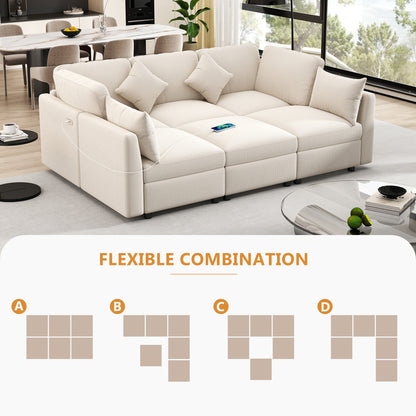 85.4" Sectional Sofa Modular Sofa U-shaped Sofa Couch Sofa Bed L-shaped Sofa with a Movable Ottoman and Two USB Ports for Living Room, Beige