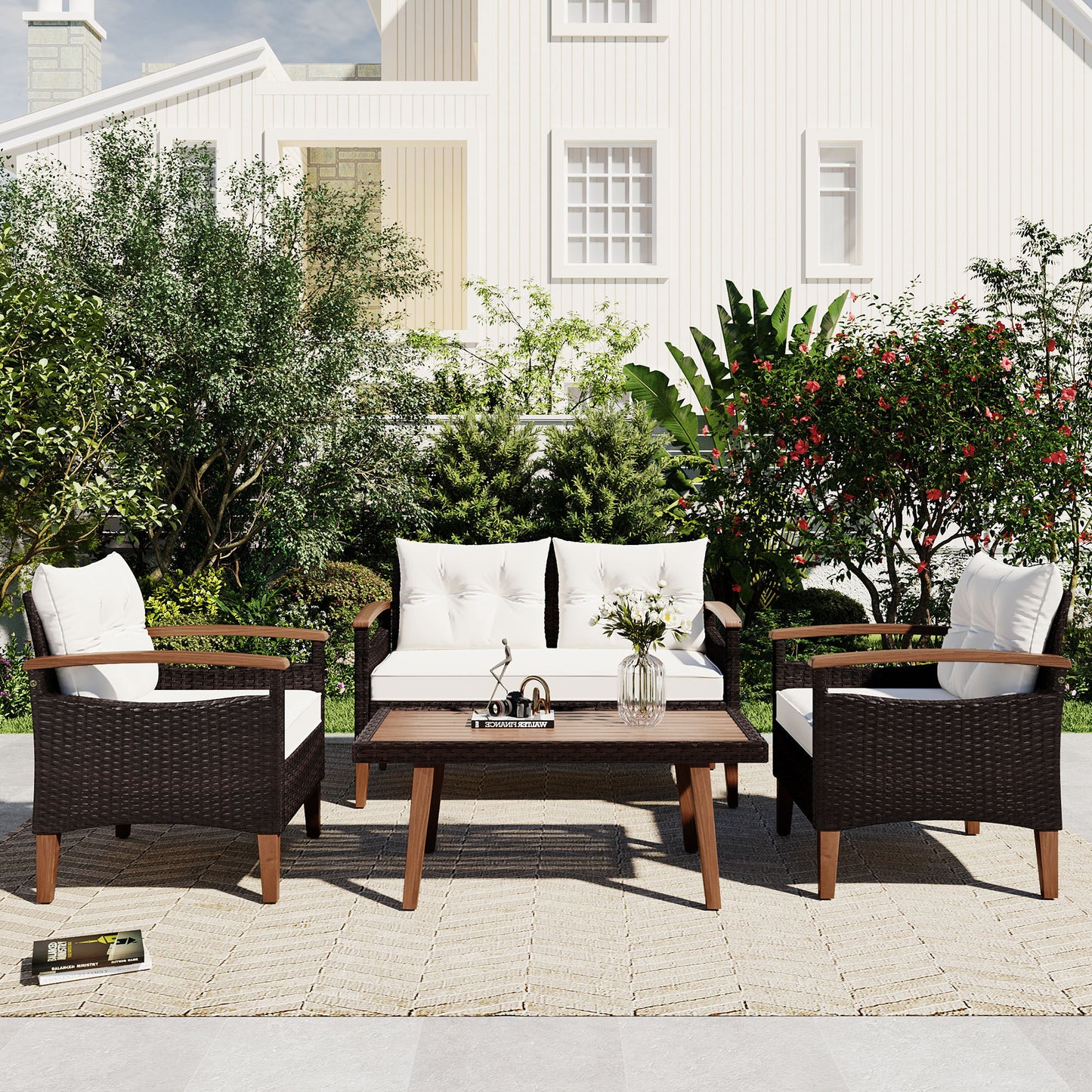 GO 4-Piece Garden Furniture,  Patio Seating Set, PE Rattan Outdoor Sofa Set, Wood Table and Legs, Brown and Beige