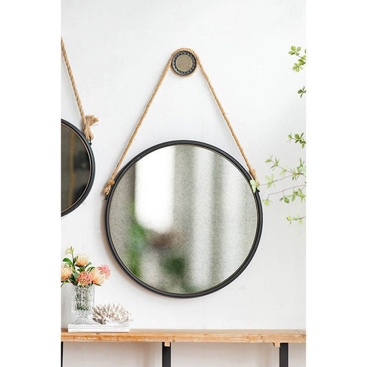 29.5" in On-trend Hanging Round Mirror with Black Framed and with Rope Strap Contemporary Industrial Decor for Bathroom, Bedroom, or Living Space - Groovy Boardz