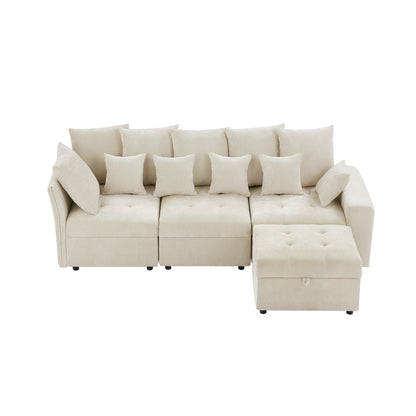 96.45"Sectional sofa Modular Sofa Couch with Three USB Ports, a Removable Storage Ottoman and Five Back Pillows for Living Room, Beige