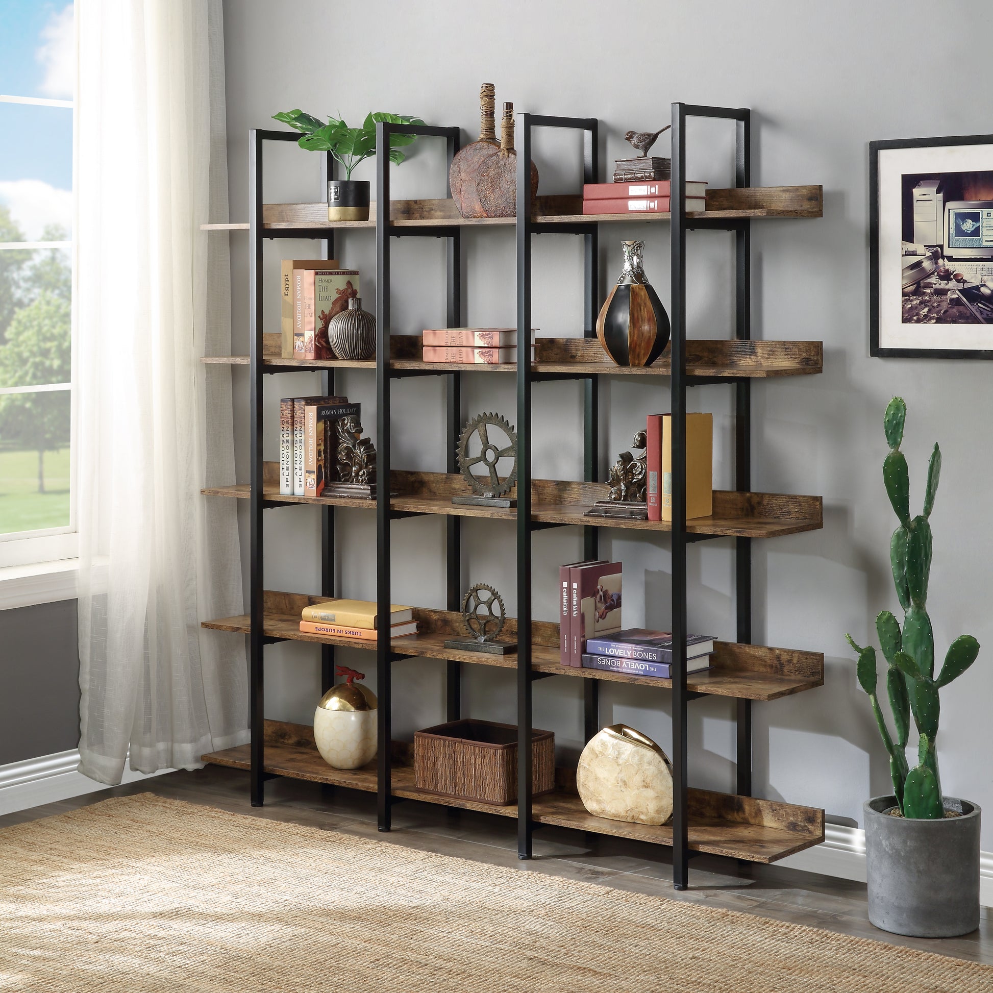 [VIDEO] 5 Tier Bookcase Home Office Open Bookshelf, Vintage Industrial Style Shelf with Metal Frame, MDF Board