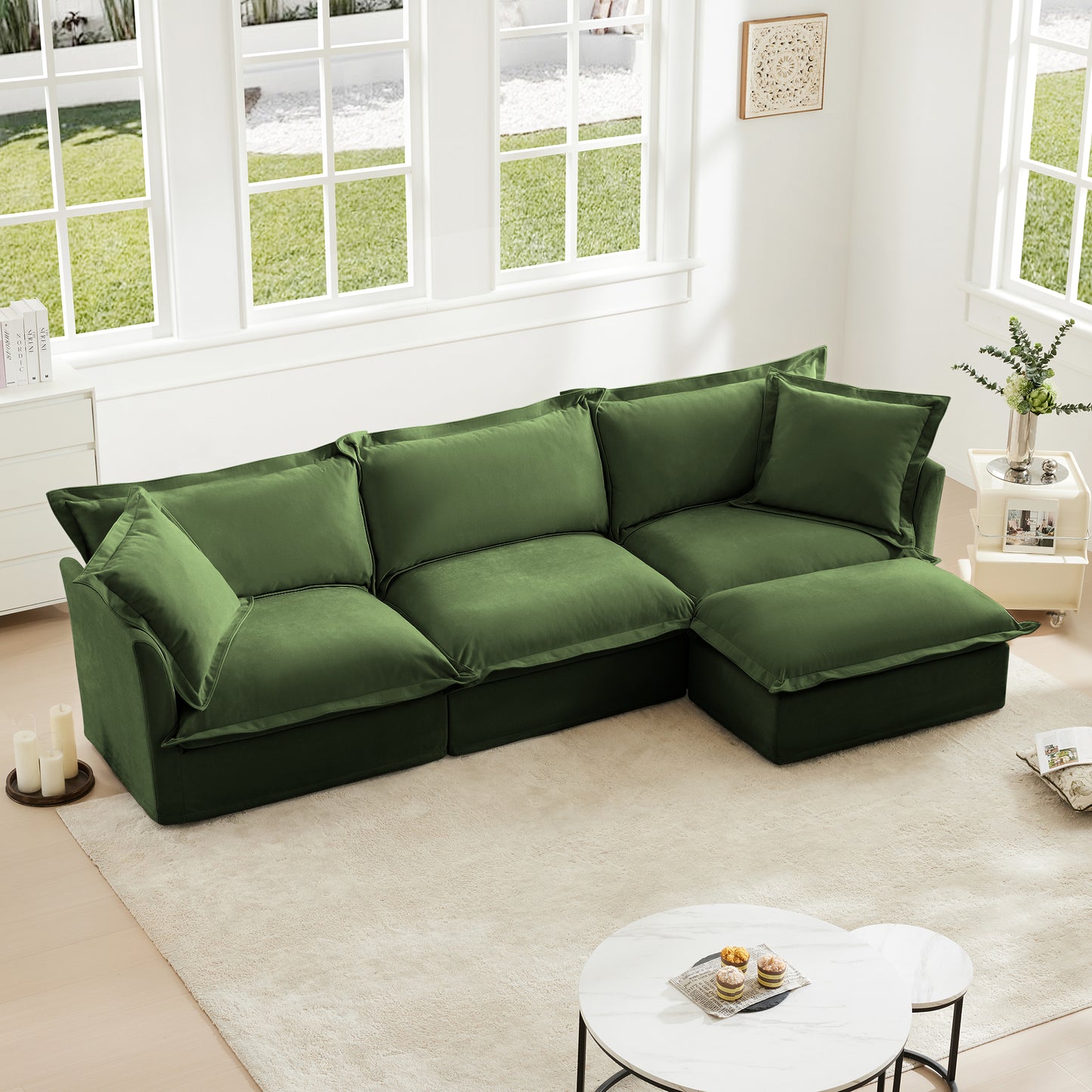 L-Shaped Slipcovered Sectional Sofa Couch, Comfy Chenille Deep Seat Cloud Couch with Convertible Ottoman & 2 Big Pillows, Modern Oversized 3 Seater Slipcovered Sofa Set for Living Room Office, Green