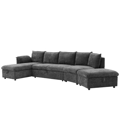 146.9" L-shaped Sofa Sectional Sofa Couch Pull-out Sofa Bed with a Movable Storage Ottoman, a Storage Chaise Lounge and Two USB Ports for Living Room, Grey