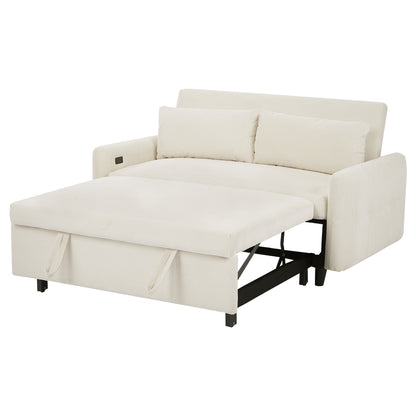 57.48" Pull-out Sofa Bed Convertible Couch 2 Seat Loveseat Sofa Modern Sleeper Sofa with Two Throw Pillows and USB Ports for Living Room, Beige(Old Sku:WF317760AAA)