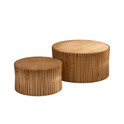 Vintage Fashion Style Cylindrical Nesting Coffee Table Set with Vertical Textured Embossed Design for Living Room, Office and Dining Room, Natural (Set of 2)