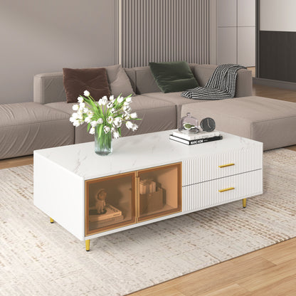 Modern White Coffee Table with 2 Glass Door Storage, 4 Drawers, Gold Metal Legs, and Multi-Color Lighting in 47.2''